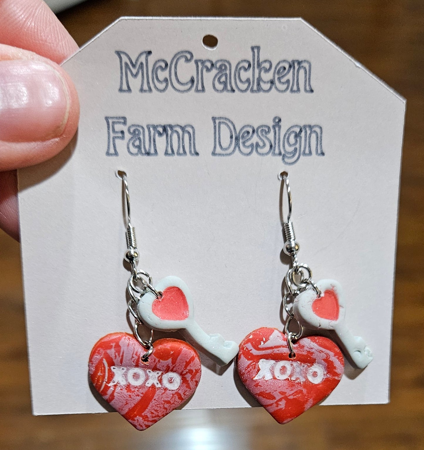 Heart and key pink clay earrings