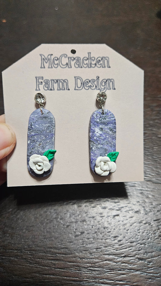 White rose gray silver earrings