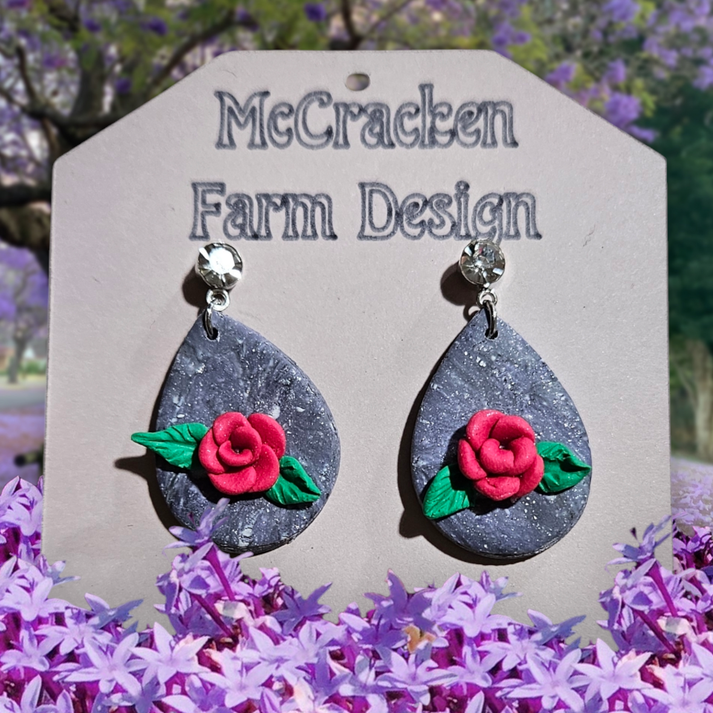 Rose periwinkle teardrop clay earrings