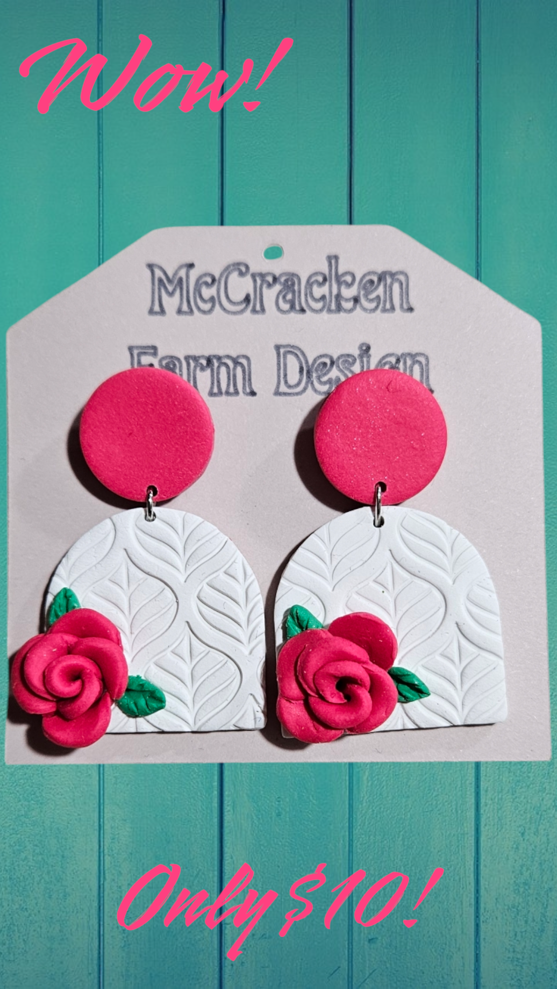 Red-pink rose on pattern white clay